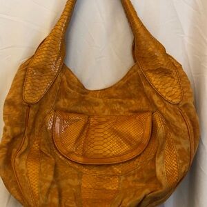 Isabella Fiore mustard yellow hobo handbag with a python trim